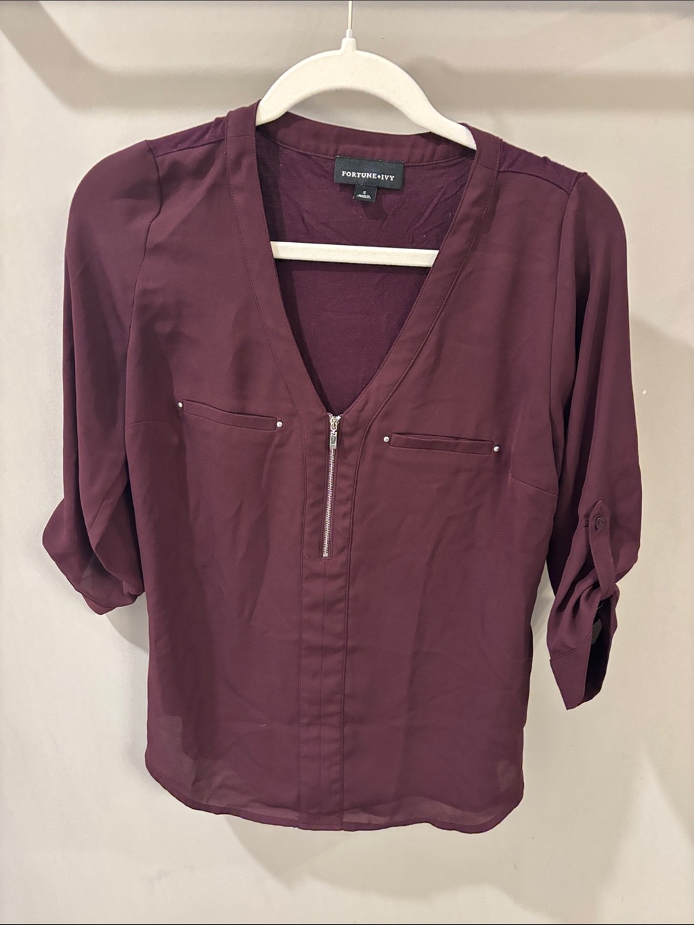 Fortune + Ivy Rebekah Zip Front Blouse Plum Size S NWOT